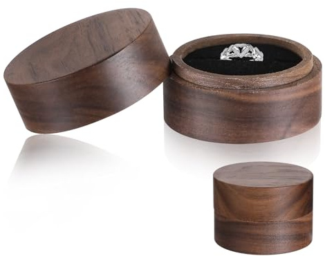 Aysatogc Ringbox Hochzeit Walnuss Holz Ring Box Runde Ringschatulle mit 1 Slots Vintage Ring Schachtel Ehering Box für Heiratsantrag, Verlobung, Hochzeit und Tägliche Lagerung