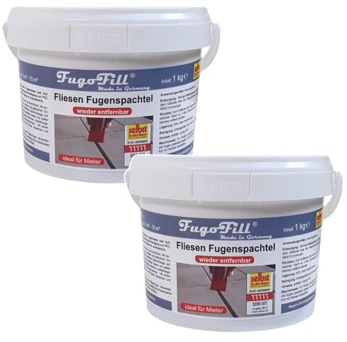 Fliesana FugoFill Abnehmbare Fugenmasse für Fliesen | Schutz für Fliesenfugen bei Teppich, Laminat, Vinyl & PVC | Einfach aufzutragen & entfernbar | Für Mietwohnungen & Renovierungen (Grau, 2 x 1kg)
