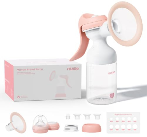 Nuliie 8010 Extractor de leche manual, succión ajustable con botella indicadora de temperatura, botella de cuello ancho de 6 onzas, adaptador de cuello estrecho, bomba de leche materna de mano con