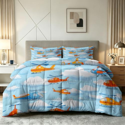 Generiskt täcke 240 x 220 cm 4 årstider – tecknad sommar täcke, tvättbar barnfilt utan överdrag – Helikopter himmel moln – barnsängkläder med 2 örngott