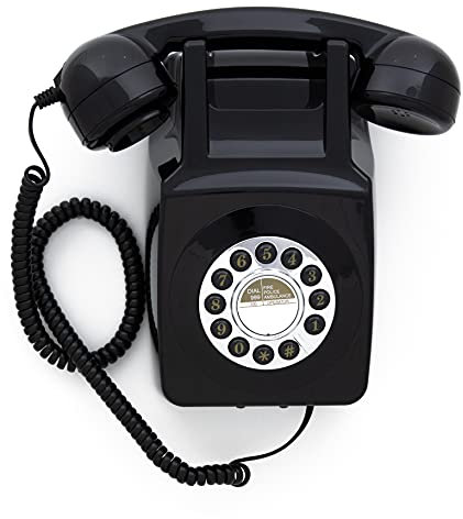 GPO 746 Teléfono fijo retro de pared con botones - Cable en espiral, timbre auténtico - Negro