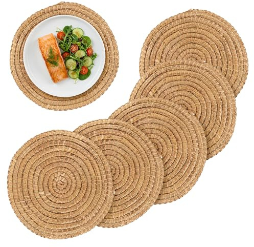 Argon Tableware Round Placemats - 30cm - Pack of 6 - Woven Palm Leaf Serving Dish Trays Cake Boards for Appetizers, Lunch, Mains, Parties, Food Presentation
