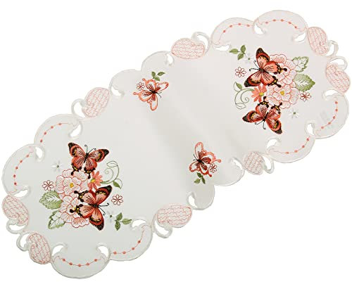Quinnyshop Rosa Schmetterlinge Stickerei Frühling Tischdecke Tischläufer ca. 30 x 70 cm Oval Polyester, Weiß