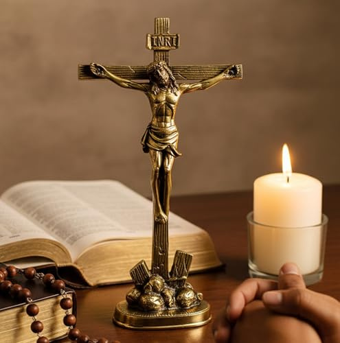 StonKraft heliga staty av Jesus Kristus i mässing (antikt kors)