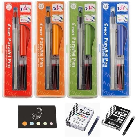 Pilot Parallel Pen - Juego de 4 paquetes de 1,5 mm + 2,4 mm + 3,8 mm + 6 mm + 12 cartuchos de tinta de colores surtidos + 6 cartuchos negros + 1 regla marcapáginas de madera Blumie