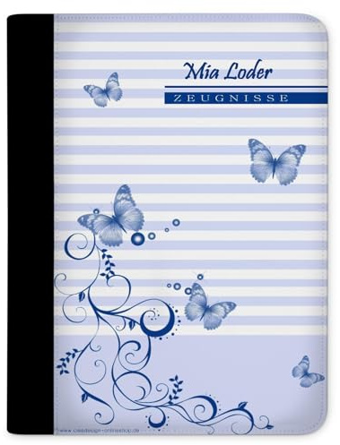 CreaDesign Zeugnismappe A4 mit Namen personalisiert – Schmetterling Blau – für Mädchen – Dokumentenmappe Schule ohne Klarsichthüllen