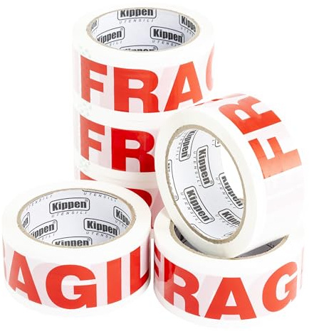 KIPPEN 9004W Lot de 6 rouleaux de ruban adhésif pour emballage avec inscription cassante, blanc/rouge