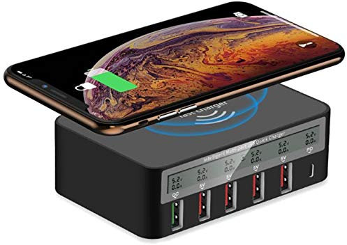 Wireless Charger Multiple USB Charger Station 100W Fast Charging 6-Port Desktop Charging Station LCD Screen Hub with Quick Charge 3.0 USB Port 18W PD Port Compatible for iPhone IPad Samsung,Black