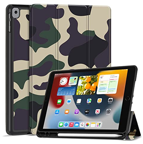 TNP Case for iPad 9th Gen 2021/iPad 8th 2020/iPad 7th 2019 Generation Protective Cover with Pencil Holder - 10.2 inch Slim Soft TPU Trifold Stand PU Leather Folio Auto Sleep Wake - Camouflage Brown