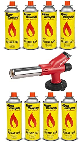 Alpen Camping Gasbrännare Patron Brännare Lågtemperatur 1700 C Piezotändning Lågreglering Blåslampa Gas Tändare Blåslampa För Gaspatroner (Gasbrännare + 8x 400ml Patroner)