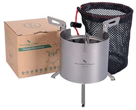 iBasingo Camping Titanium Wood Stove With Removable Pot Stands & Folding Legs Outdoor Double-walled Furnace Portable Lightweight Alcohol Burner Outdoor Solo Travel Camp Stove Heater Cooker Ti2014C