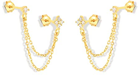 Round CZ Flower Double Piercing Studs Chain Cuff 925 Sterling Silver Earrings for Women Teen Girls Cartilage Tassel Dangle Drop Climber Crawler Cute Fashion Minimalist Jewelry Gifts Birthday