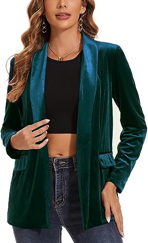 MINTLIMIT Women's Velvet Blazer Long Sleeve Jacket Shawl Lapel Open Front Casual Blazers Jackets with Pockets Dark Green