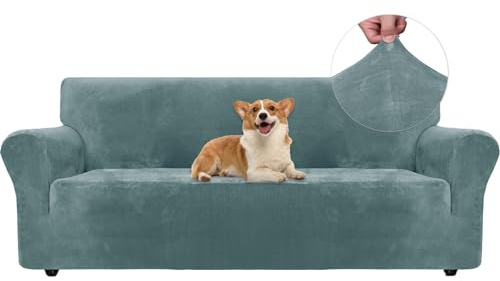 Ystyle Elastischer Samt Sofabezug 3 Sitzer, Grau Blau | Stretch Sofa Überzug, Sofaschoner Rutschfest, Couch Überzug, Sofa Cover mit Armlehnen, Sesselschoner Sofaschutz Katze