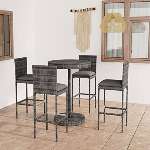 Gecheer Gartenbar Set 5-TLG. mit Kissen Theke Bar Tresen Gartentheke Bartisch Barhocker Stehtisch Barstuhl Gartenmöbel Gartenset Poly Rattan Grau