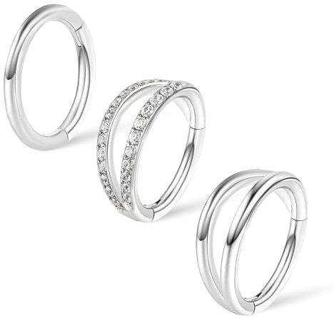 Yolev 3 Stück Nasenring Edelstahl Silber 18G Doppelt Diamant Piercing Nase Nasenpiercing Ring 1,0 x 8 mm Conch Septum Piercing Set Juwelier Lippenpiercing Ring Chirurgenstahl