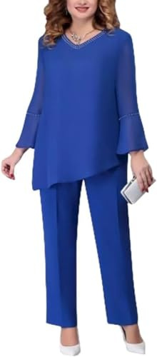 La Elegante Camisa de Gasa de Dos Piezas Las Mujeres los Pantalones de Cintura Alta el Traje de Dos Piezas el Vestido de Noche de Tul de Gran tamaño Elegante Vintage Dos Piezas (Azul,XXL)