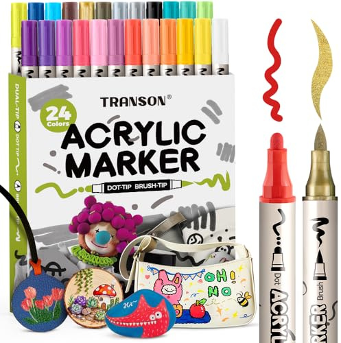 Transon 24 Colors Bold and Brush Dual-tip Acrylic Paint Marker Pen Set for Canvas Rock Wood Leather Ceramic DIY Painting