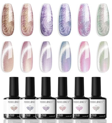 Modelones UV Nagellack 6 Farben Gel Nagellack UV Glitzer Rosa Nude Blau Lila Gold Grün Perle Effect Cat Eye GelNagellack mit Stick&Magnet den Kreis zeichnen