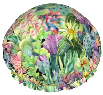 Hair Cap for Shower - Watercolor Blooming Cactus Large Shower Cap Reusable Waterproof, Double Layer Shower Cap for Women, Hair Cap for Shower with Peva Lining and Elastic Rope