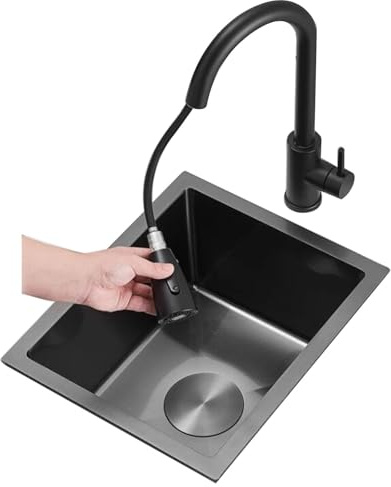 Lavello a sifone piccolo a vasca singola con rubinetto estraibile Cucina Bagno Mini lavabo a mano Lavandino per camper Lavello da appoggio Lavello da incasso (Color : Black Steel, Size : 42x