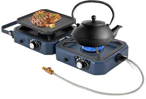 Hornillo de camping plegable, hervidor portátil, hornillo de camping, compacto y resistente al viento, funciona a gas, adaptador europeo, incluye sartén para barbacoa, cocina para exteriores para