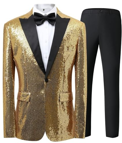 Caxndycing Herren Glitzer Anzug mit Pailletten Smoking 2Teilig Gold Anzuge für Party Abschlussball Slim Fit Jacke Hose Weste Set Casual Business British Style Blazer Mantel Hosen Westen Anzüge