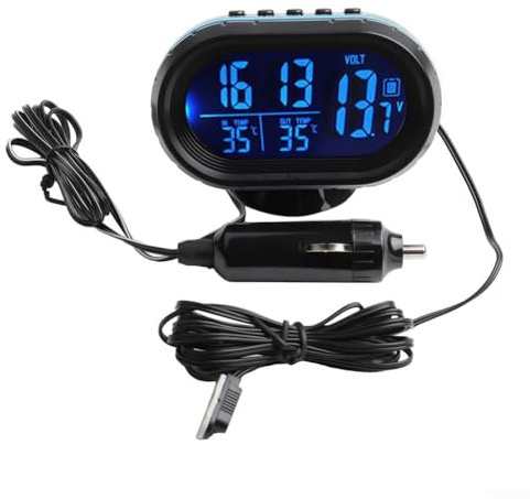 Besshepplo Thermomètre de tableau de bord de voiture avec horloge et voltmètre avec options d'installation rapide, thermomètre intérieur et extérieur, thermomètre à affichage numérique LCD pour