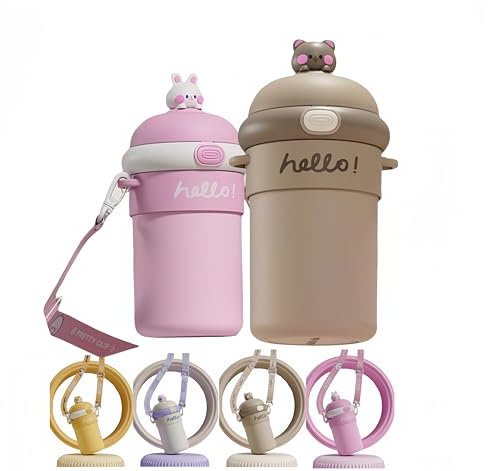 Jolie bouteille d'eau personnalisable avec bandoulière en paille, bouteille kawaii portable avec paille étanche, adaptée pour l'école, la garderie et les sports de camping, les enfants, les filles,