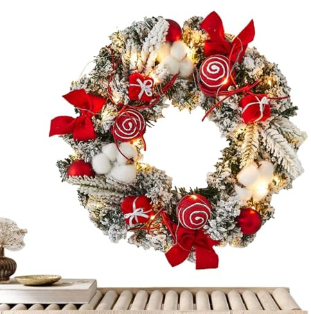 Pcingsia Ghirlanda natalizia da esterno con luci, 30 cm, decorazioni natalizie con luci a LED e sfere, ornamento per le vacanze, ghirlanda natalizia per porta d'ingresso, funzionamento a batteria