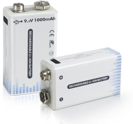 Batería de bloque de 9 V, recargable: 1000 mAh, baterías de litio con USB C para detector de humo, detector de incendios, detector de humo (2 unidades)