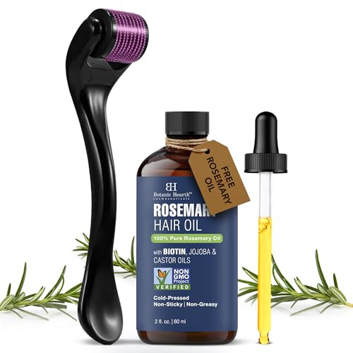 Botanic Hearth Derma Roller for hair growth with Rosemary Hair Oil (2oz) | Microneedling Dema roller 20 mm for Scalp, Beard & Face | for Women & Men | Includes Biotin, Jojoba & Castor Oil