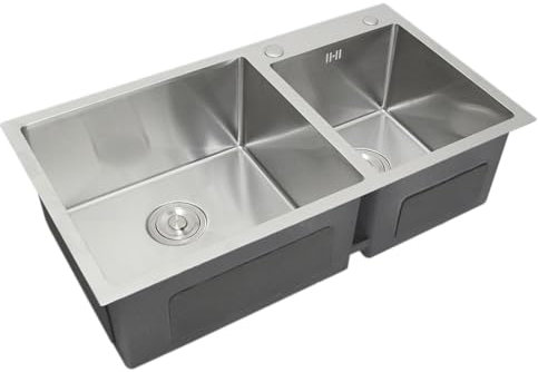 Evier Double Cuve en Inox - 82 x 45 x 22 cm - À Encastrer - Évier 2 Bacs Encastrable - Parfait pour Cuisine, Salle de Bain - Facile à Installer & Durable [Kit d'Évacuation & Bouchon INCLUS]