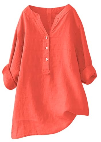 Generisch 2025 Camisa de mujer holgada de color liso de talla grande larga de algodón blusa de mujer de seda elegante, naranja, 3XL