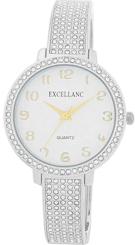 Excellanc Damen-Spangenuhr Metallarmband Spangenarmband poliert Armreif lesbare Ziffern Rund Länge 16 cm Quarz-Armbanduhr Geschenkidee für Frauen (Silber/Weiß/Gold)