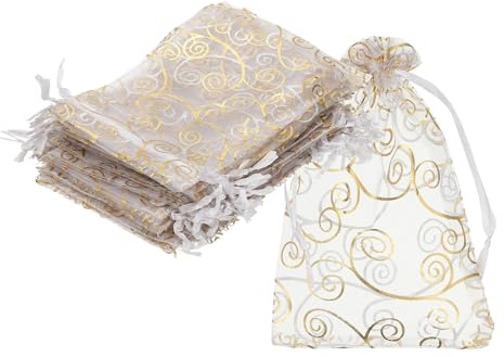 sourcing map Organza-Beutel, 50 Stück, 9,9 x 15,9 cm, Süßigkeiten-Netzbeutel mit Kordelzug, Schmuck, Geschenk für Party, Gastgeschenk, Weihnachten, Hochzeit, Festival, kleines Geschenk, Weißgold