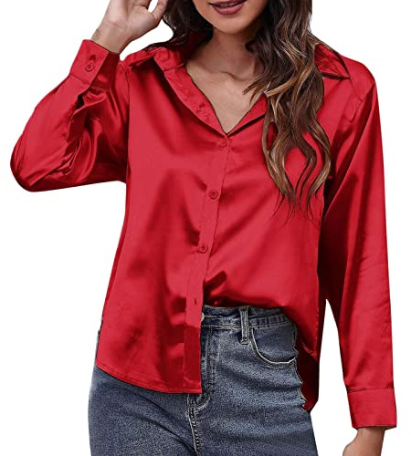 Generisch 2025 Camisa de satén para mujer imitación de seda manga larga camisa europea americana ropa de exportación Blusa con cremallera delantera, rojo, S