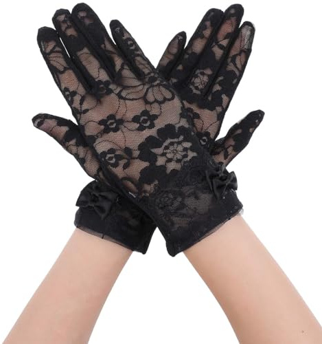 Black Lace Gloves Women Tea Party Bow Short Bridal Lace Gloves Wedding Prom Evening Dinner Prom Cosplay Halloween Funeral(Black)