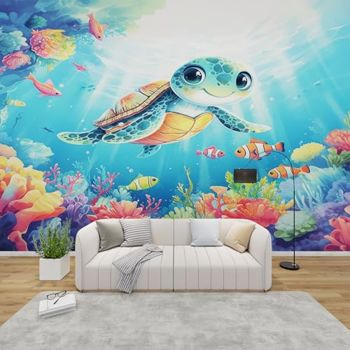 MMYAOKEN Papier Peint Panoramique Tortue Enfant 200x140 cm - Décoration Murale Poisson Animaux de la Mer - Tapisserie Murales Papier Peint Intissé pour Chambre Salon - Poster Tableaux Photo Muraux