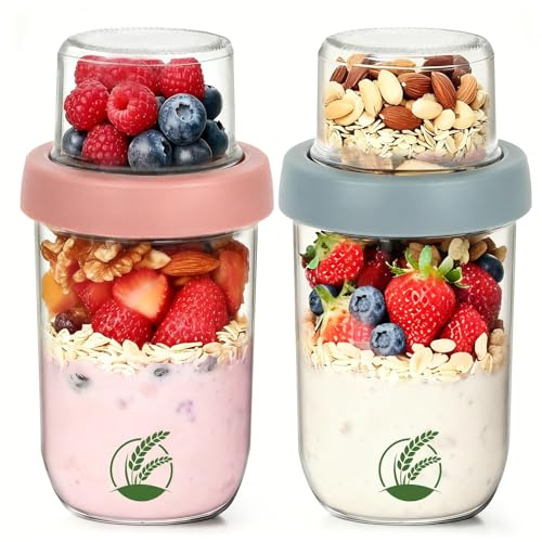 Artlyfe 2er Müslibecher to go, 500 ml+120ml Overnight Oats Gläser, Doppelwandiger Glasbehälter mit Deckel, Joghurtbecher to go Und Müslibecher Geeignet für die Arbeit, die Schule oder Picknicks