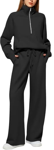 Airport Outfits for Women 2025 Two Piece Sets for Women Tracksuit Full Set Fashionable Long Sleeve Tops Drawstring Elasticized Waist Wide Leg Trousers Casual Lounge Wear Co Ord Sets Black