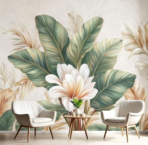 DLERFLOVR Carta da Parati Piante Tropicali, 250x175cm Fotomurali in Seta Foglie Di Banano Retrò XXL Poster Gigante Design Decorazione da Muro per Camera da Letto, Soggiorno, Bagno, Beige