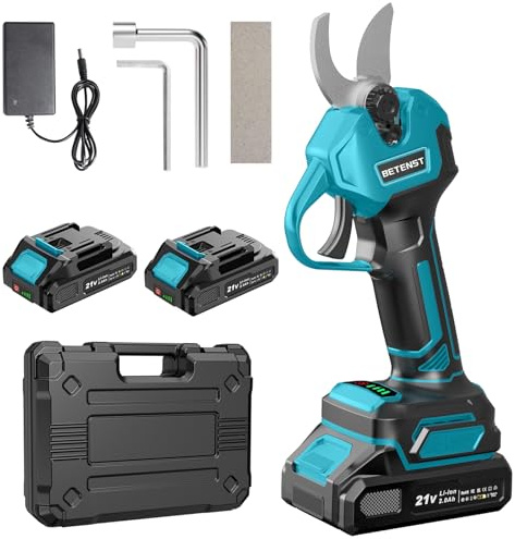 Forbici Potatura a Batteria 21V, BETENST Forbici Elettriche Brushless con 2 Batterie 2.0Ah, Lama SK5, Schermo LCD Cesoie a Batterie, Pietra per affilare per Frutteti, Paesaggistica e Giardinaggio