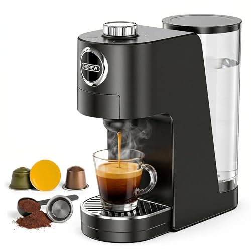 HIBREW H3C 3-in-1 Single Serve Pod Coffee Machine, 7 Temp Levels | Fits NS*/DG* Pod & Ground Coffee, 1400ml Removable Water Tank, Compact Single Serve Coffee Maker for Home Office Hotel-Black