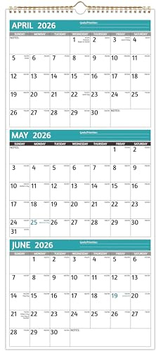 Wall Calendar 2026-2027 - 3 Month Calendar 2026-2027 Vertical, Apr 2026 - Jul 2027, 3 Month Wall Calendar, 11 x 26 In Open, 2026 Calendar, Large Print, Holidays, Thick Paper, Priorities ＆ Notes, Green