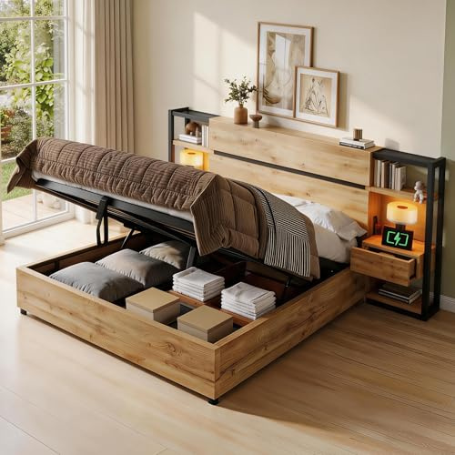Cama de matrimonio de 180 x 200 cm con cajones y puerto de carga USB y Type-C de madera, cama contenedor hidráulico, cabecero contenedor, somier con láminas de madera, acabado roble (roble, 180 × 200)