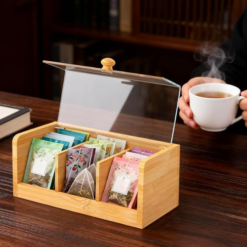 ATopoler Bamboo Tea Box with 3 Sections, Wooden Coffee Box with Acrylic Transparent Hinged Lid for Tealeaf Bags Coffee Spices