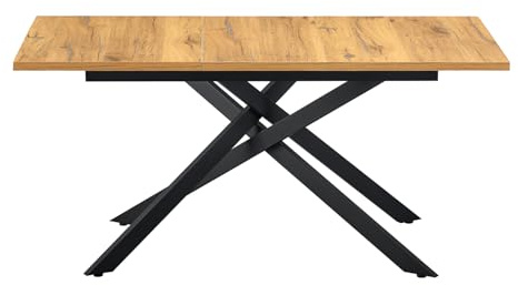 B&D home Esstisch LARS, ausziehbar 120-160 x 80 cm, 4-6 Personen Küchentisch Holztisch mit Kreuzgestell schwarz für Küche, Esszimmer, Industrial modern Design, Alteiche Optik