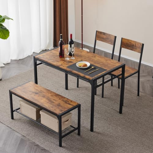 Bonnlo Esstisch mit Stauraum für 4 Personen, Küchentisch mit 2 Stühlen & Bank, Dining Table Set Esszimmertisch Essgruppe Tisch mit 4 Sitzen Set für Küche Esszimmer (Braun)