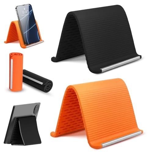 2PCS Flexible Silicone Phone Stand, Foldable Aluminum Silicone Portable Phone Holder Stand for Travel, Anti-Slip Multi-purpose Desktop Mount for Mobile Phones, Tablets & Laptops, Black & Orange